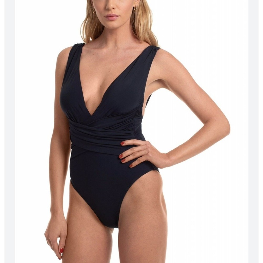 Trina Turk One Piece Swimsuit XS Womens Wrap Front Plunge Ruched Black